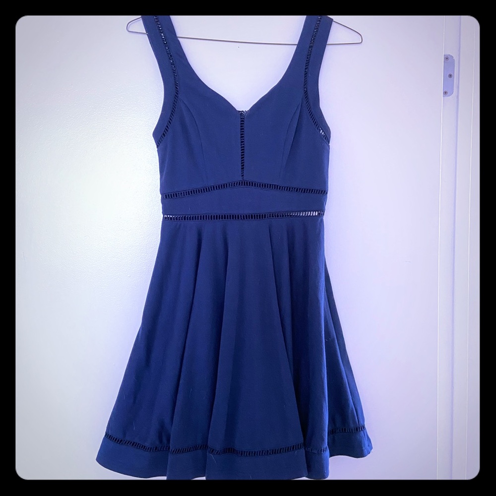 Annabella Navy Blue Skater Dress w/ Patterned Hem